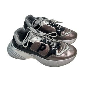 Pinko Women's Metallic Silver Leather Chunky Sneakers Platform Shoes 39‎ 8.5